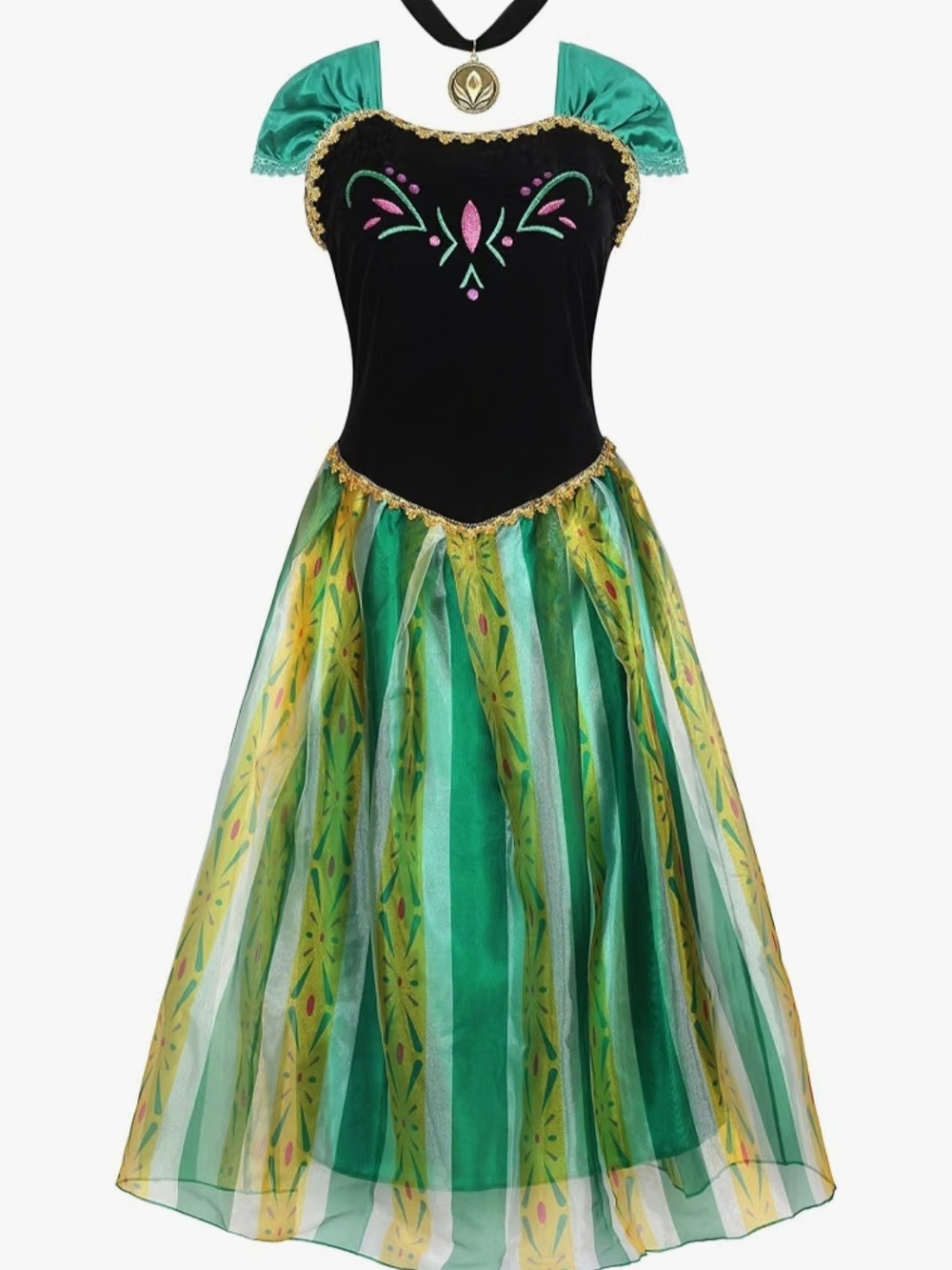 Green and Black Girls' Formal Dress with Gold Trim
